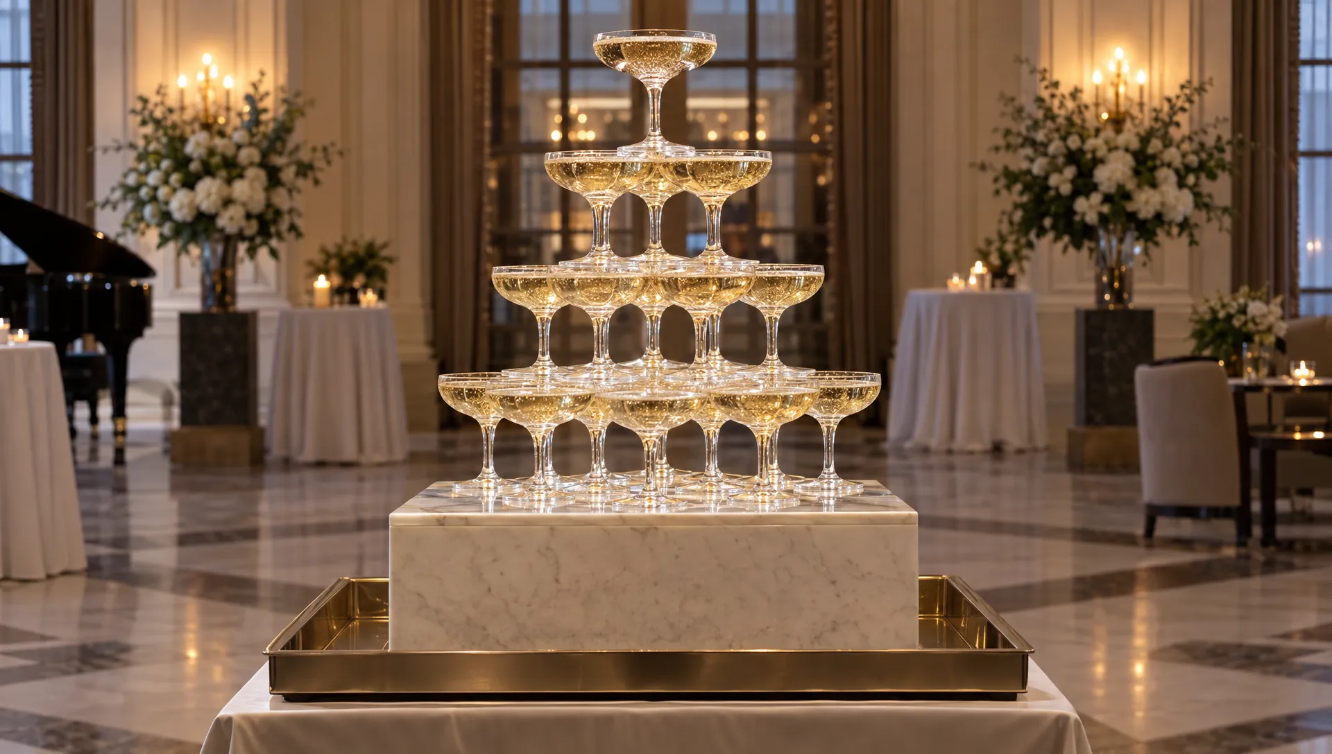 A symmetrical coupe pyramid rests on a finished plinth above a spill-catching tray in a hotel reception room.