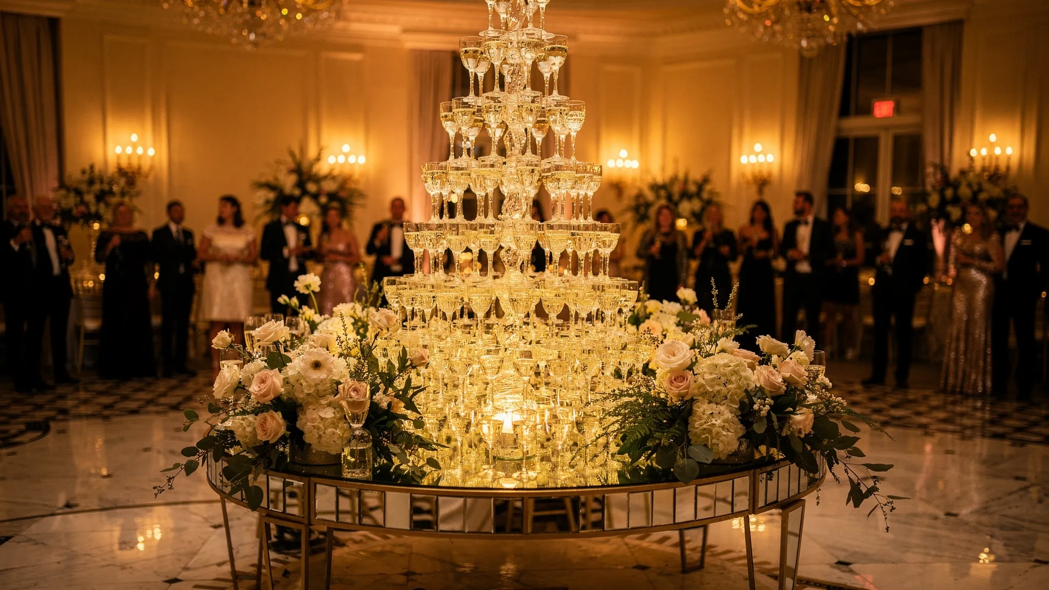A tall champagne glass pyramid glowing under warm lighting in a luxurious ballroom, surrounded by floral arrangements, polished floors and elegantly dressed guests watching from a safe distance.