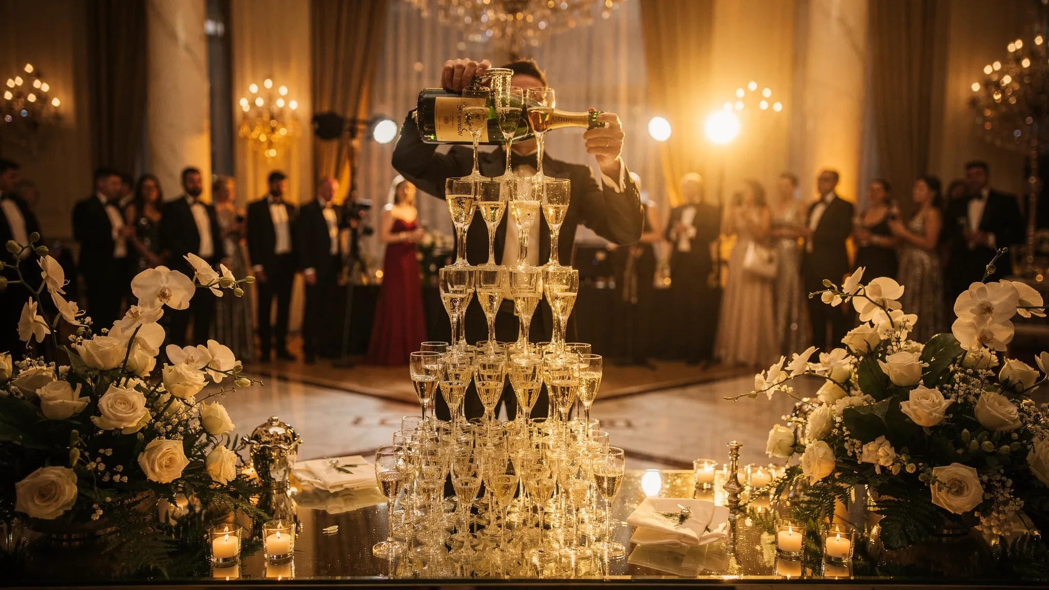 A tall champagne glass pyramid in a luxury hotel ballroom, surrounded by elegant lighting, floral arrangements and guests watching a ceremonial pour at a gala event.