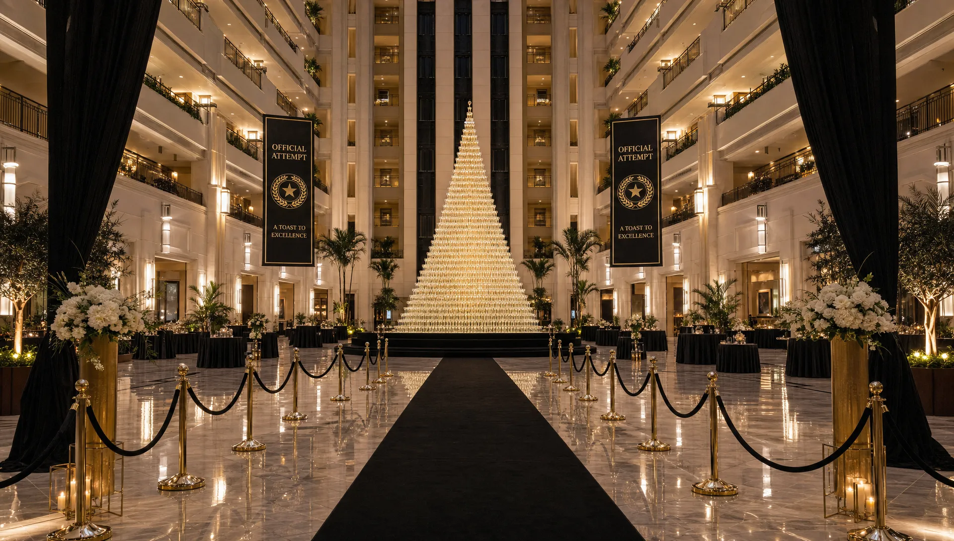 a-tall-champagne-glass-pyramid-stands-in-a-grand-h-99902ef1-1789945954047 A tall champagne glass pyramid stands in a grand hotel atrium prepared for a corporate celebration.
