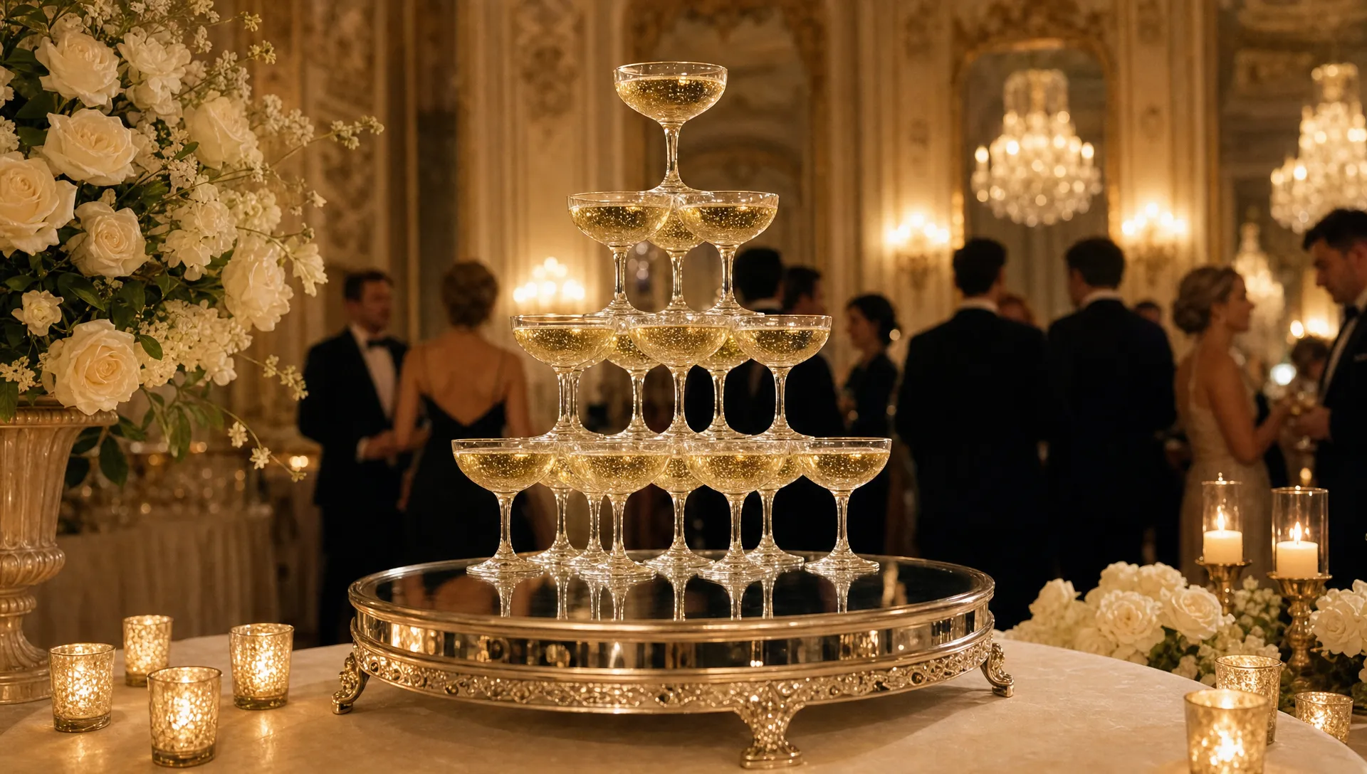 A vintage champagne tower made from coupe glasses on a mirrored plinth in an elegant ballroom, with warm candlelight, ivory flowers and guests in eveningwear softly in the background.