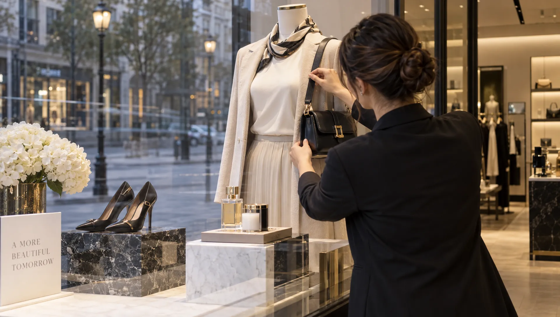 A visual merchandiser adjusts a boutique window display ahead of a new collection reveal.
