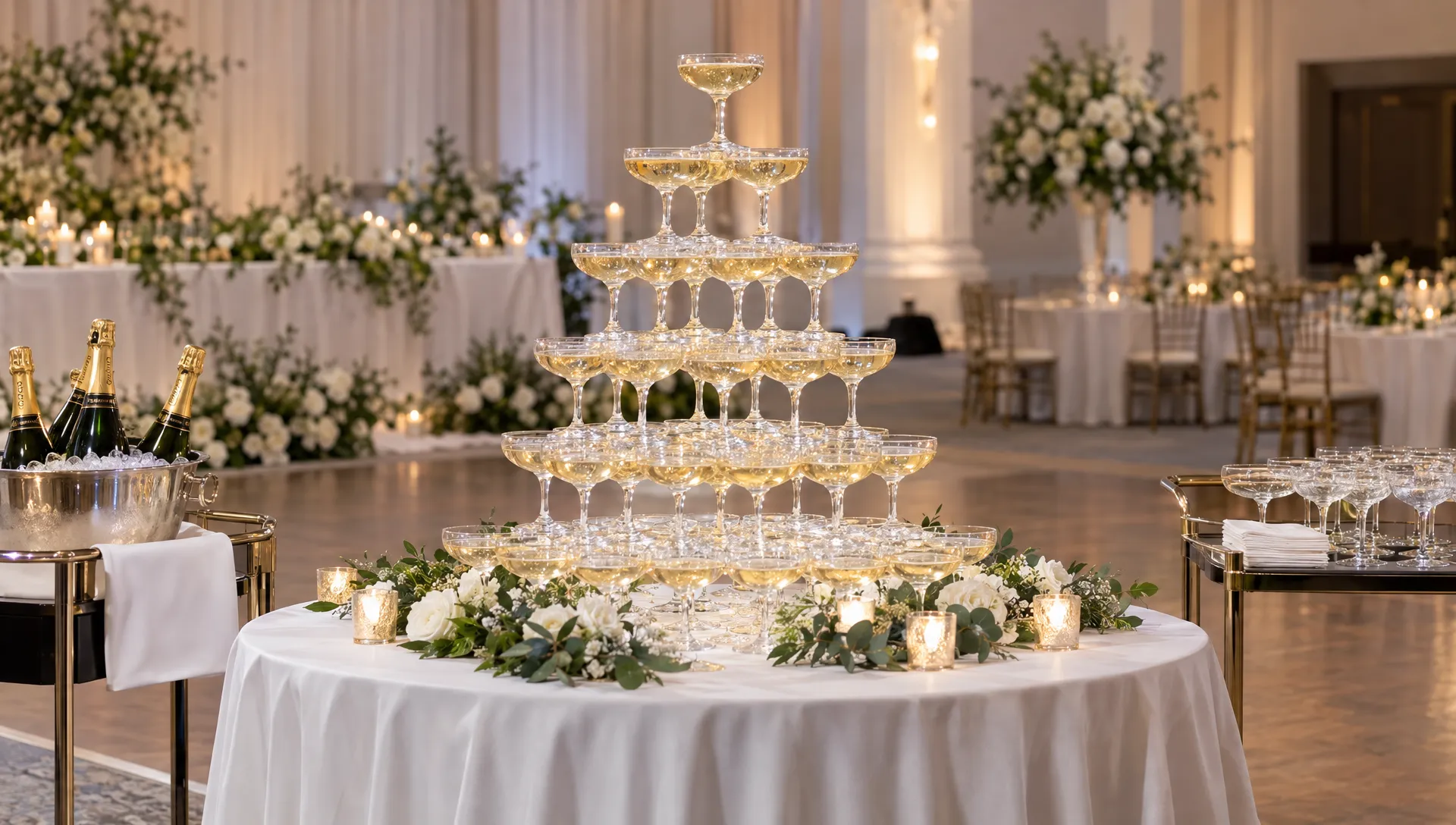 A wedding champagne tower stands in a reception room with a clear approach for the couple and separate service trays nearby.