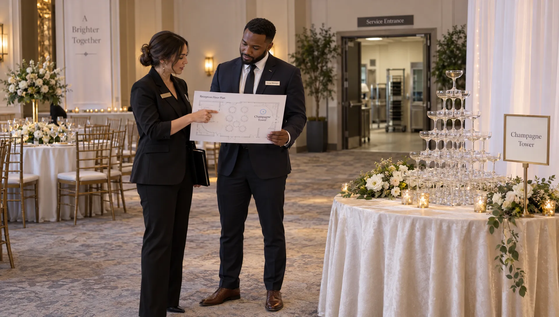 a-wedding-planner-and-venue-manager-review-the-cha-1791857875978 A wedding planner and venue manager review the champagne tower location against the reception room layout.