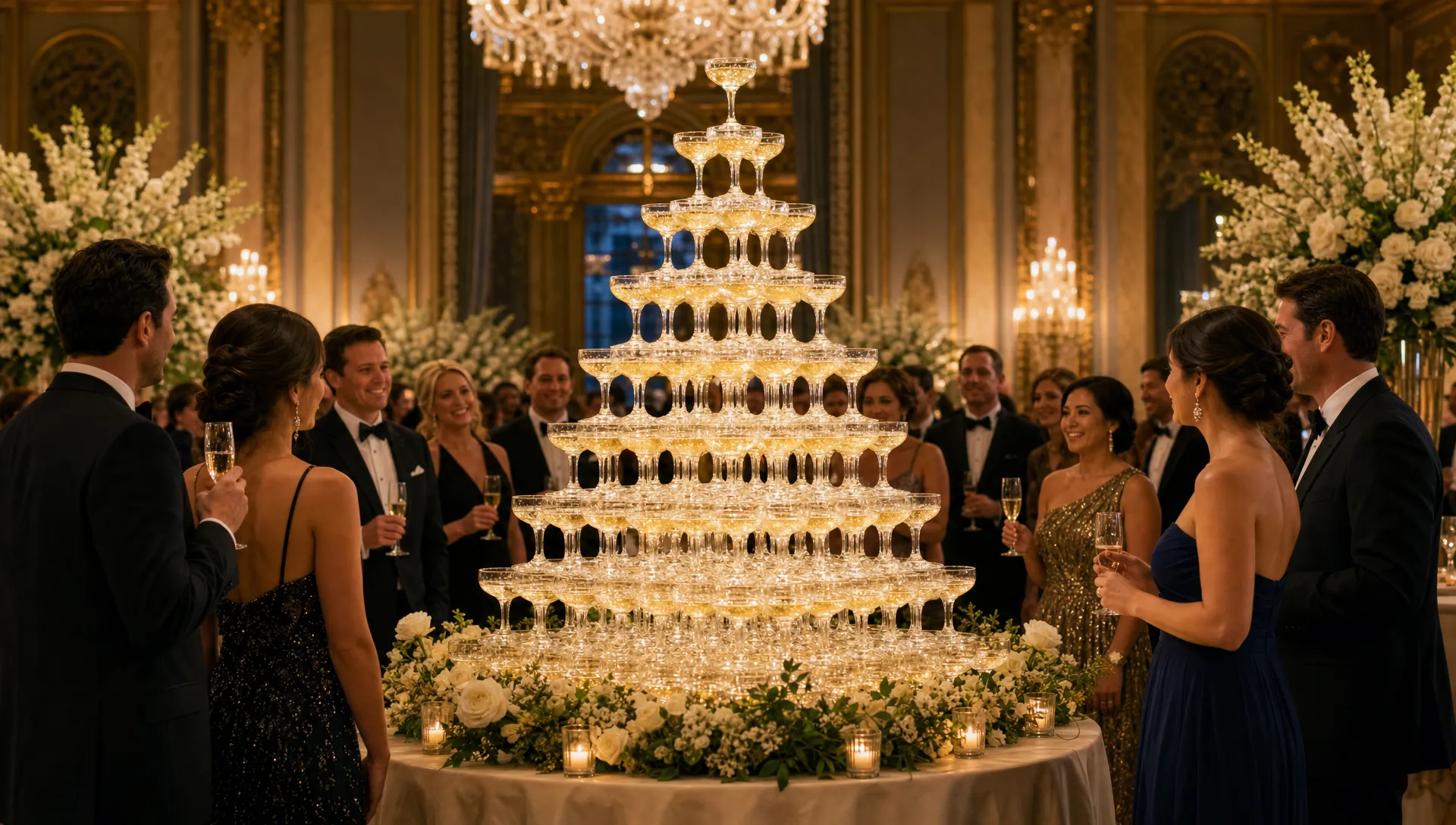 A wide indoor gala scene in an elegant ballroom, with a towering champagne glass pyramid as the central feature, guests in formal attire gathered around it, warm lighting, floral arrangements and a refined luxury atmosphere.