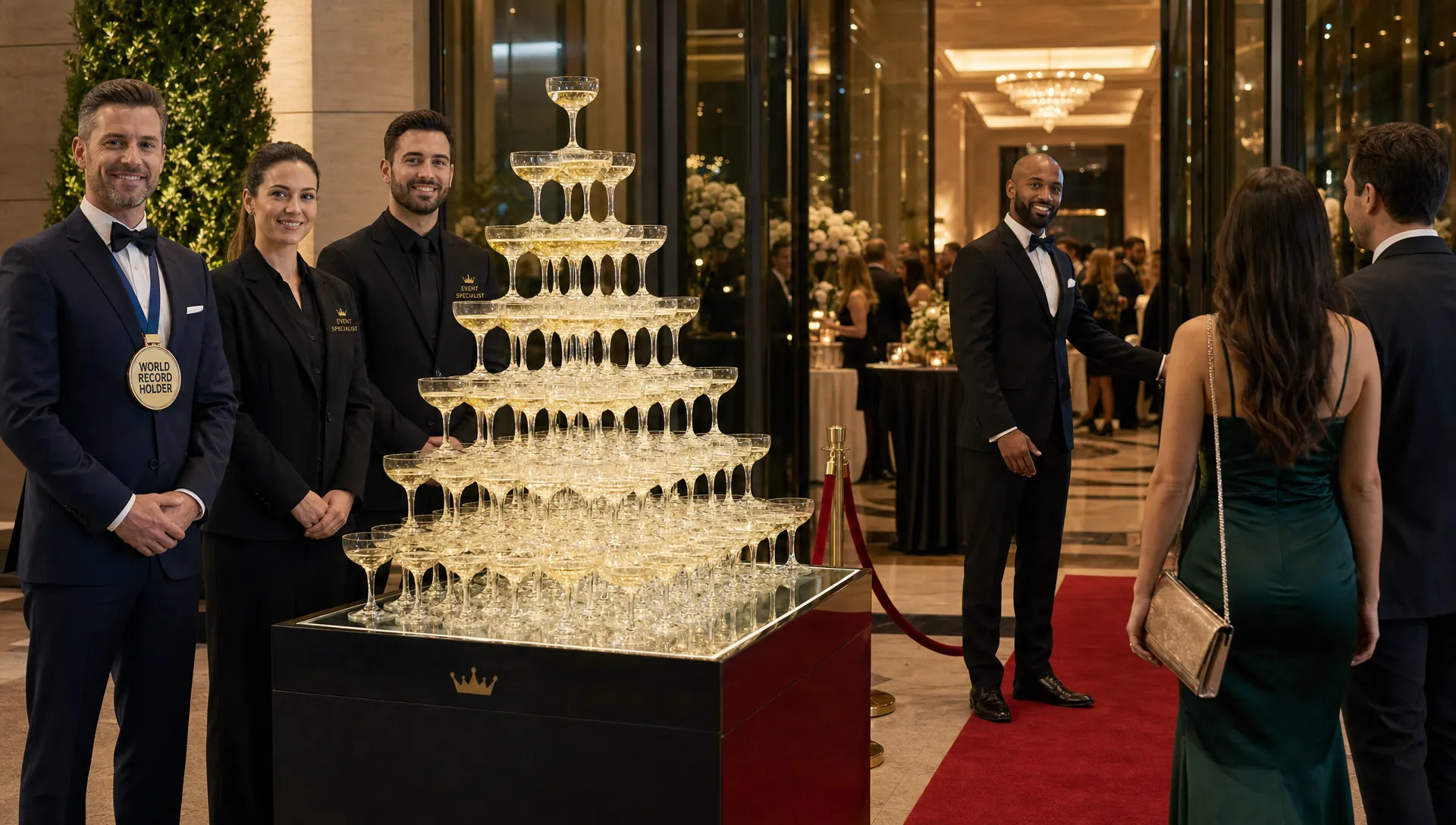 a-world-record-holder-and-event-team-stand-beside–c3a30566-1789255355376 A world record holder and event team stand beside a champagne pyramid as guests arrive at a luxury gala.
