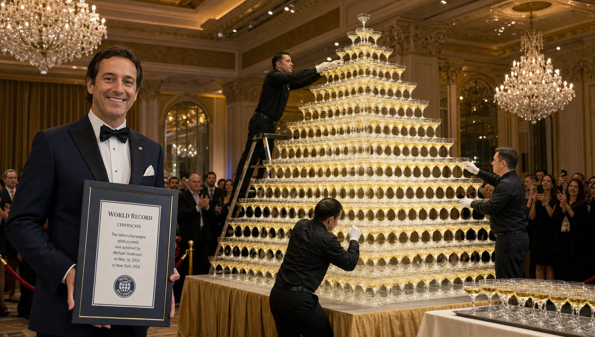 A world record holder stands beside a towering champagne glass pyramid in an elegant ballroom while the event team positions glasses and guests watch the build.