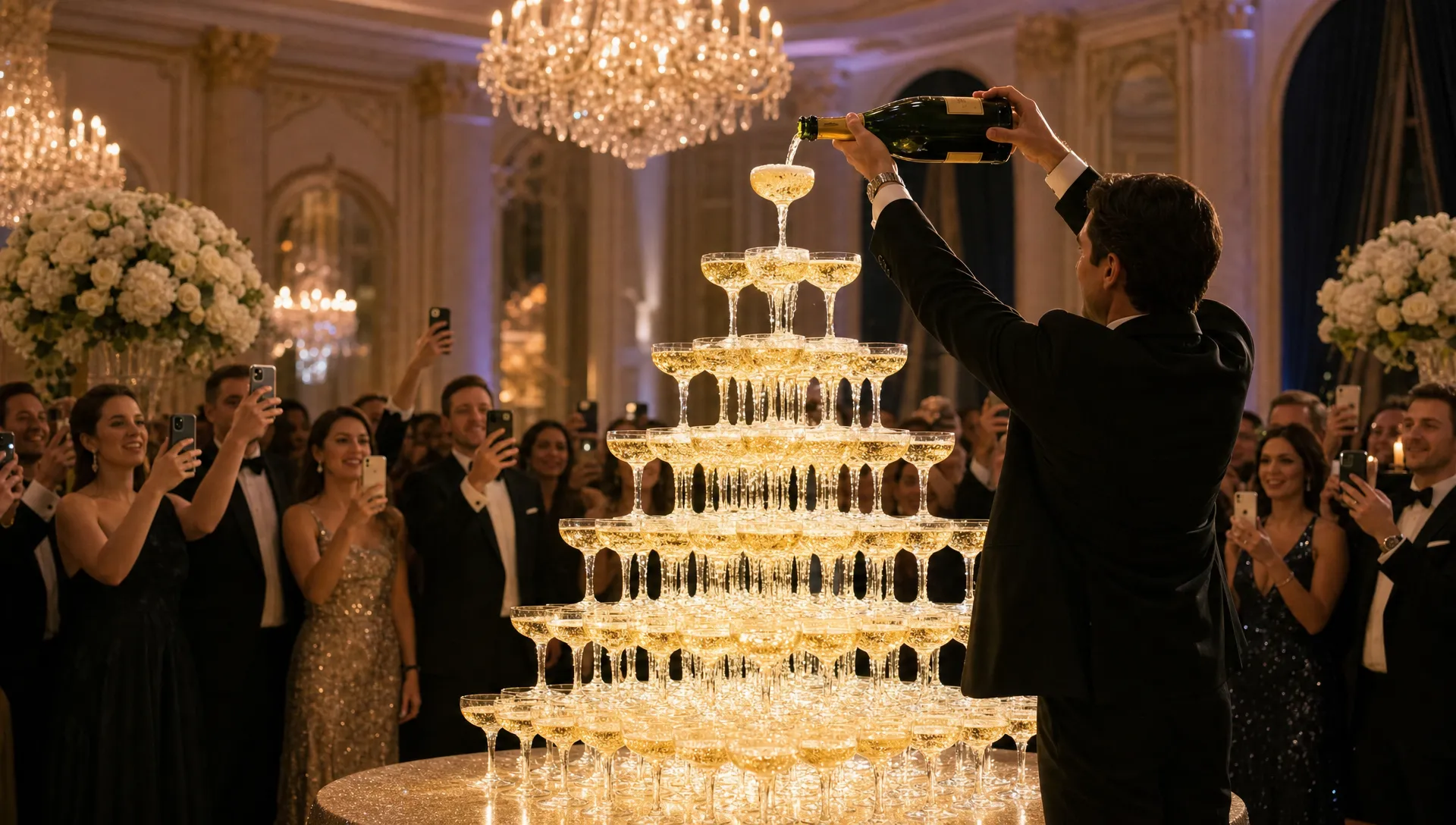 An elegant champagne glass tower glowing under controlled event lighting in a luxury ballroom, with guests gathered at a respectful distance and holding phones toward the tower as the first pour begins.