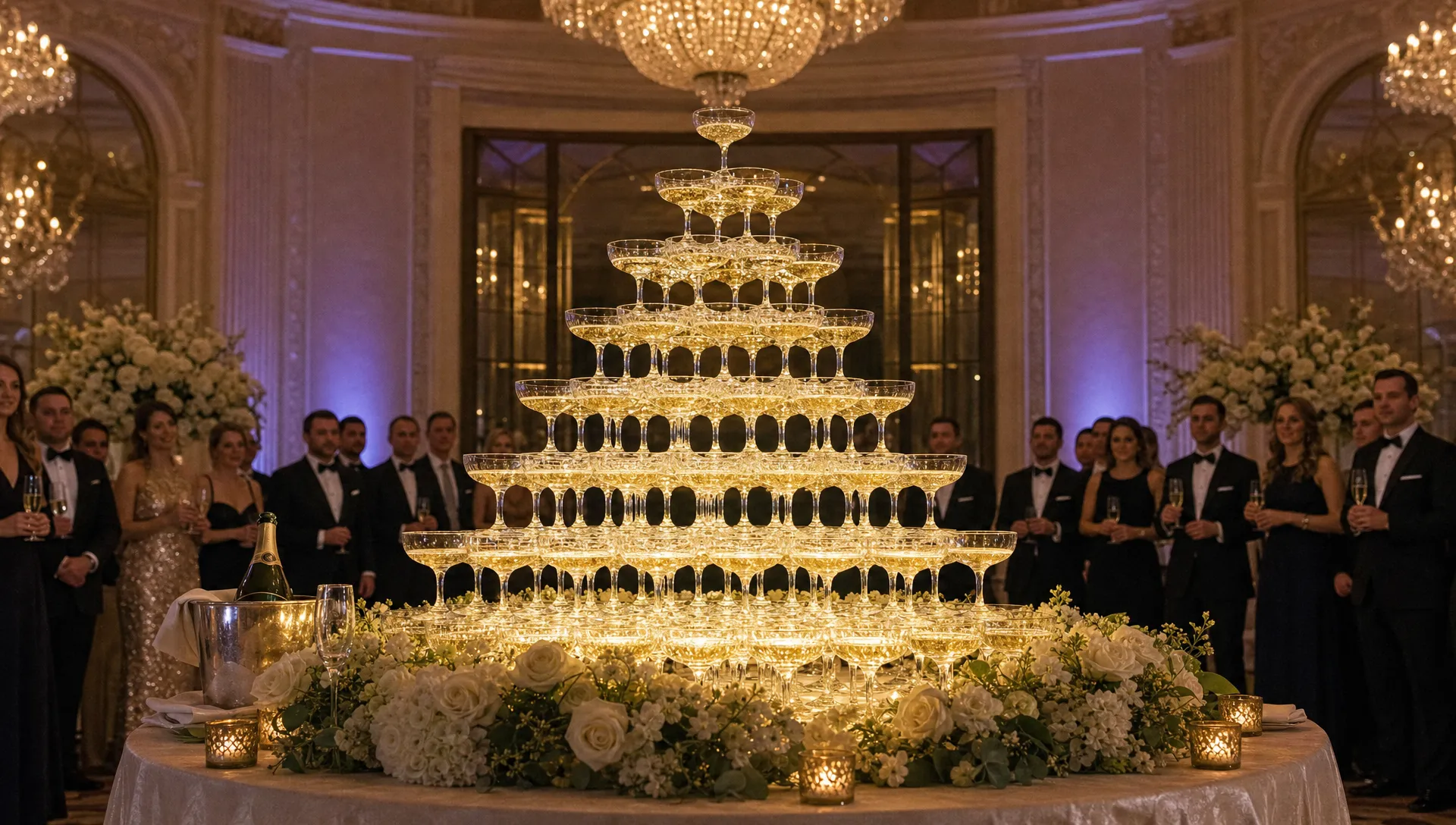 An elegant champagne glasses pyramid glows under event lighting in a luxury ballroom, with symmetrical glassware, floral accents and guests standing back for a ceremonial toast.
