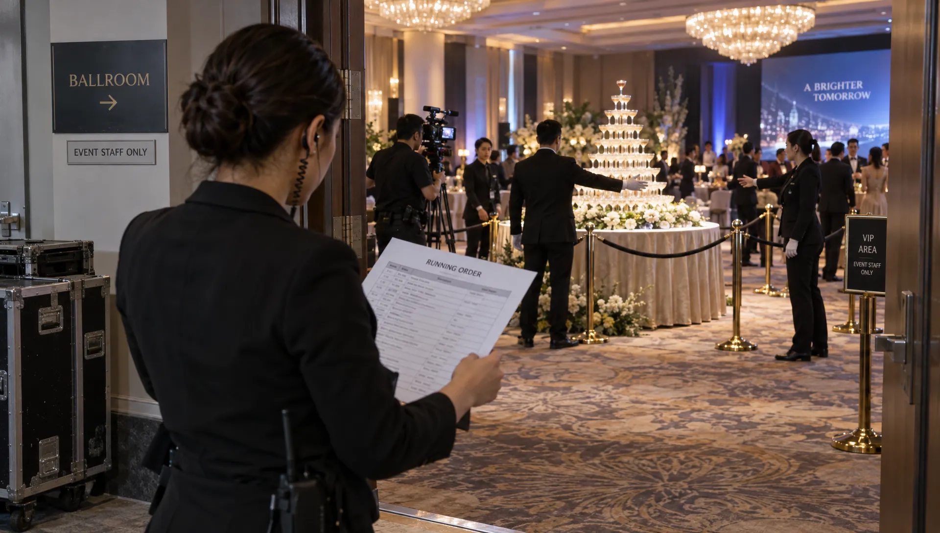 An event producer checks the running order while staff prepare a champagne pyramid attempt inside the ballroom.