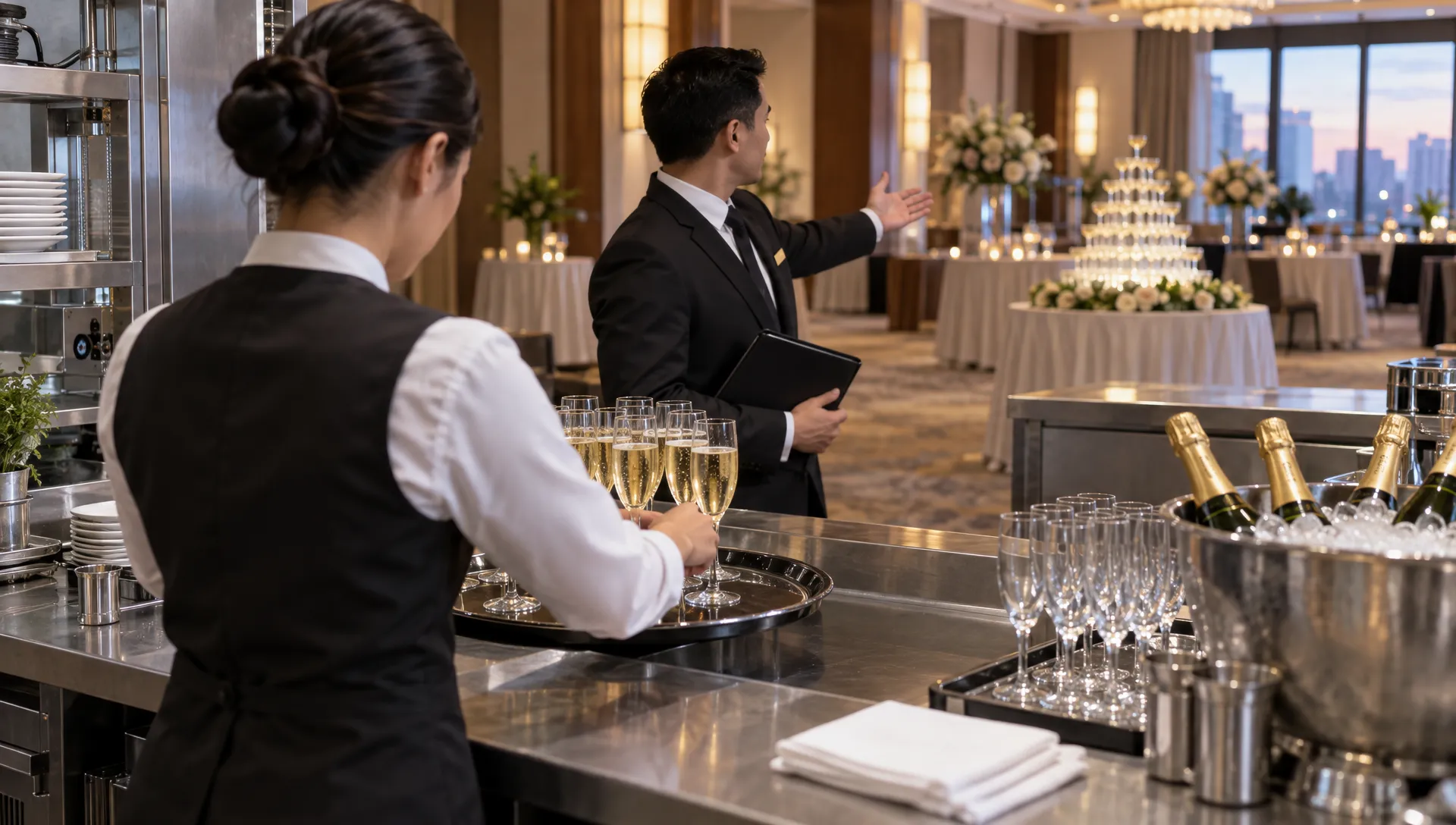 catering-staff-prepare-drinks-at-a-hotel-service-s-c2323a27-1791175219689 Catering staff prepare drinks at a hotel service station while coordinating service for a champagne tower reception.