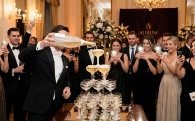 Champagne pouring into stacked glasses without the stress