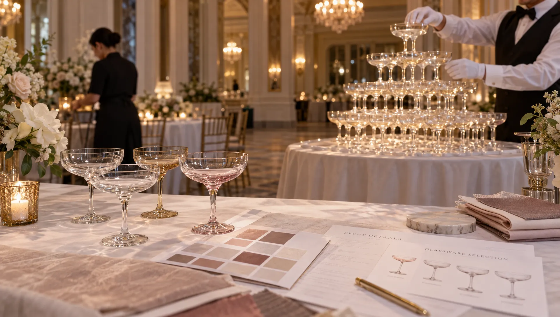 Coupe glass samples and application papers rest on a ballroom worktable as a champagne glass pyramid is assembled nearby.