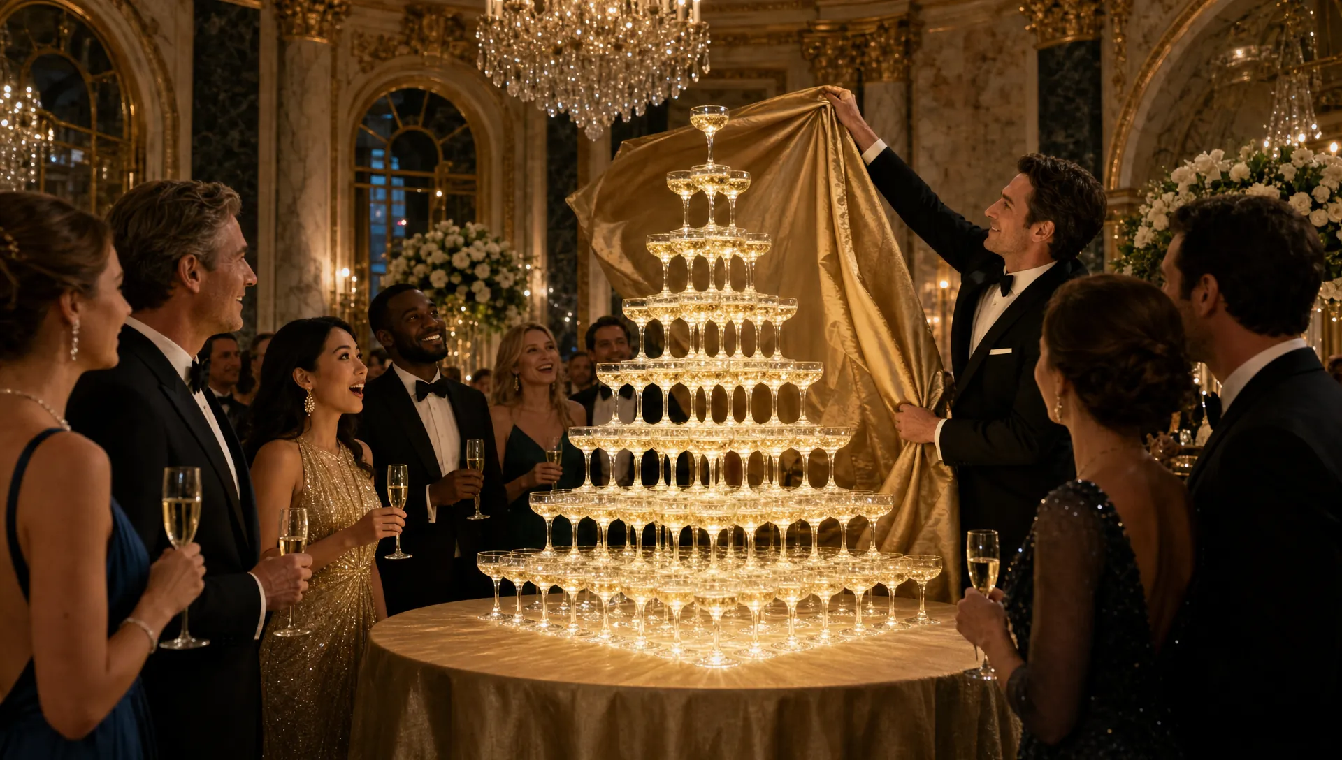 Elegant guests watch a towering champagne glass pyramid being revealed at a luxury gala.