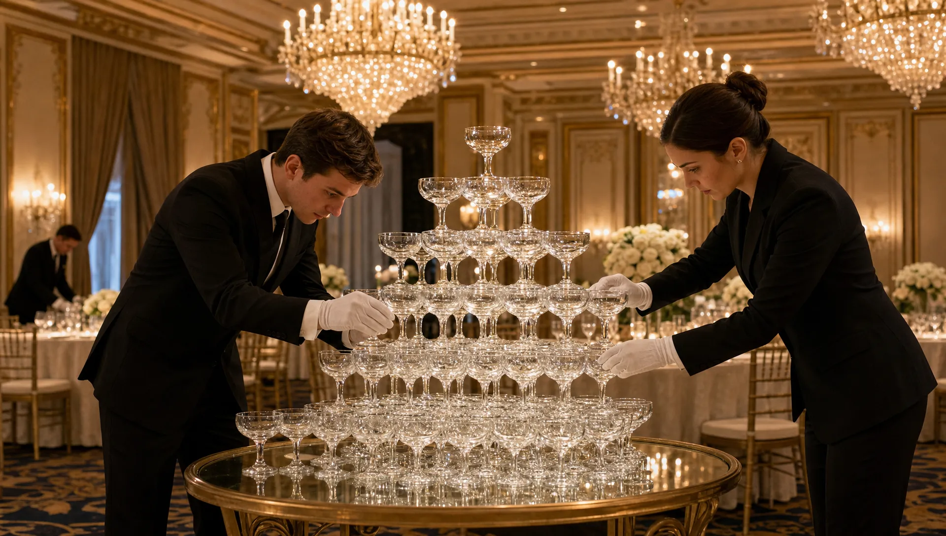 Event professionals align a champagne glass pyramid in a luxury ballroom before guests arrive.