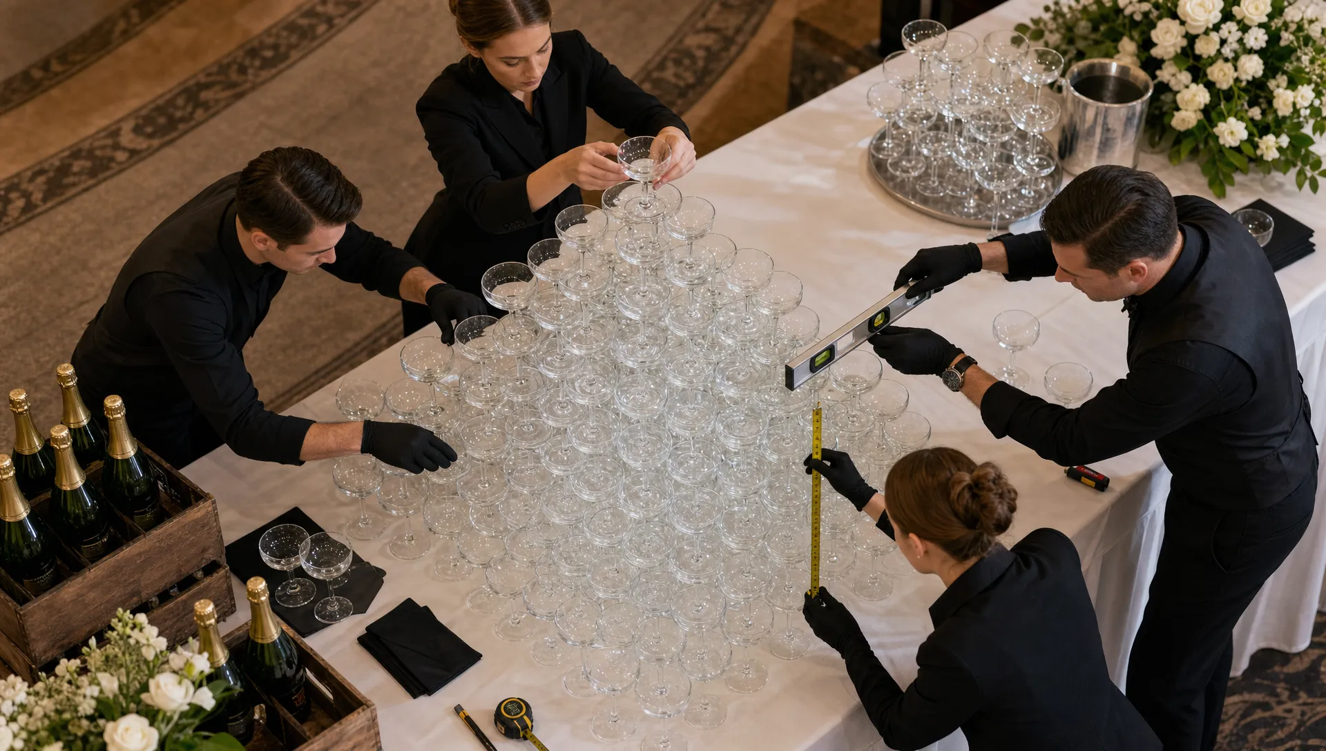 event-specialists-build-a-champagne-glass-pyramid–2133a4a1-1789425812921 Event specialists build a champagne glass pyramid with tools and stacked coupes.