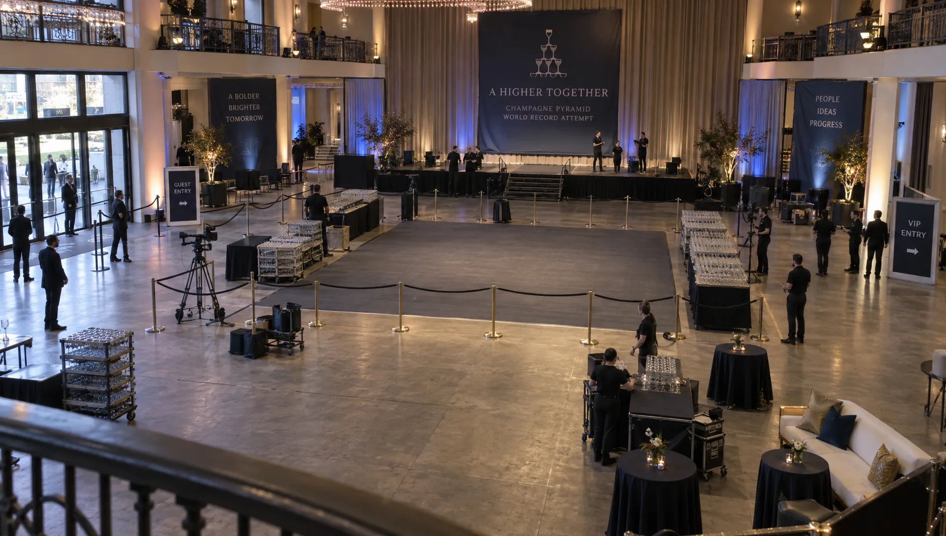 Event staff review camera positions and guest routes across a venue floor prepared for a champagne pyramid record attempt.