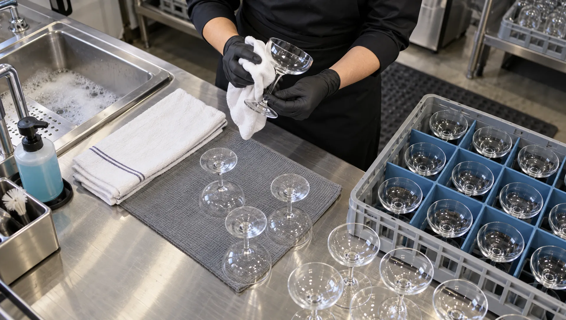 gloved-hands-inspect-and-polish-coupe-glasses-befo-4df97b17-1790985854449 Gloved hands inspect and polish coupe glasses before placing them in protective racks for event use.