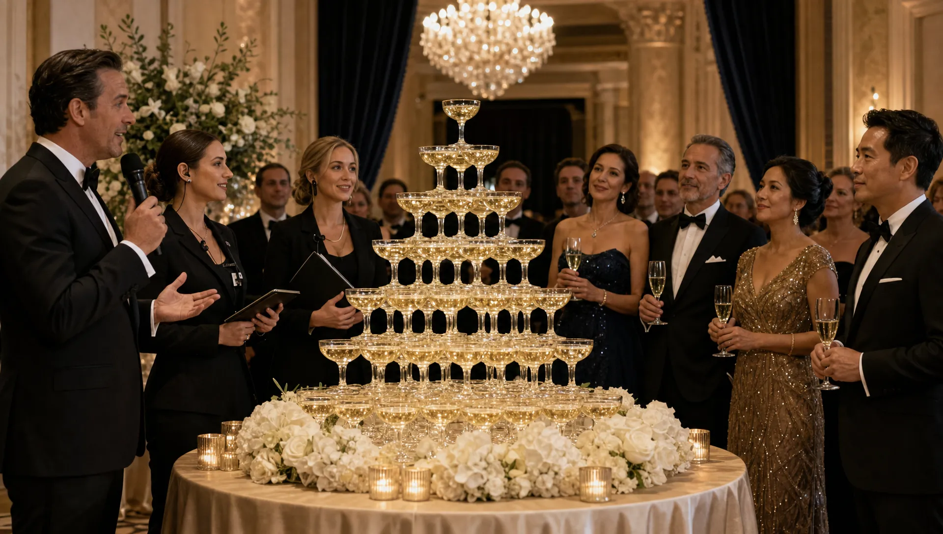guests-and-event-staff-gather-around-a-finished-ch-48feb199-1790463993788 Guests and event staff gather around a finished champagne pyramid at a gala, waiting for the first toast.