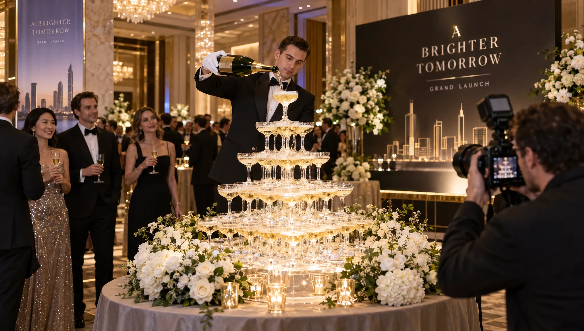 Guests gather around a champagne glass pyramid in a hotel ballroom as a specialist pours from the top and a photographer records the luxury launch reveal.