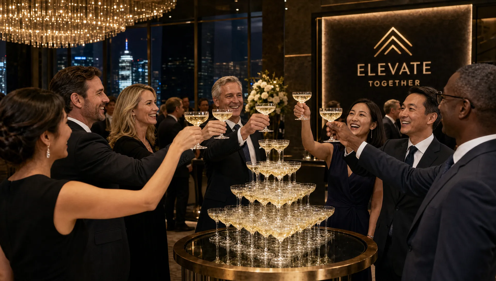 Guests raise glasses around a champagne glass pyramid at a luxury corporate celebration.