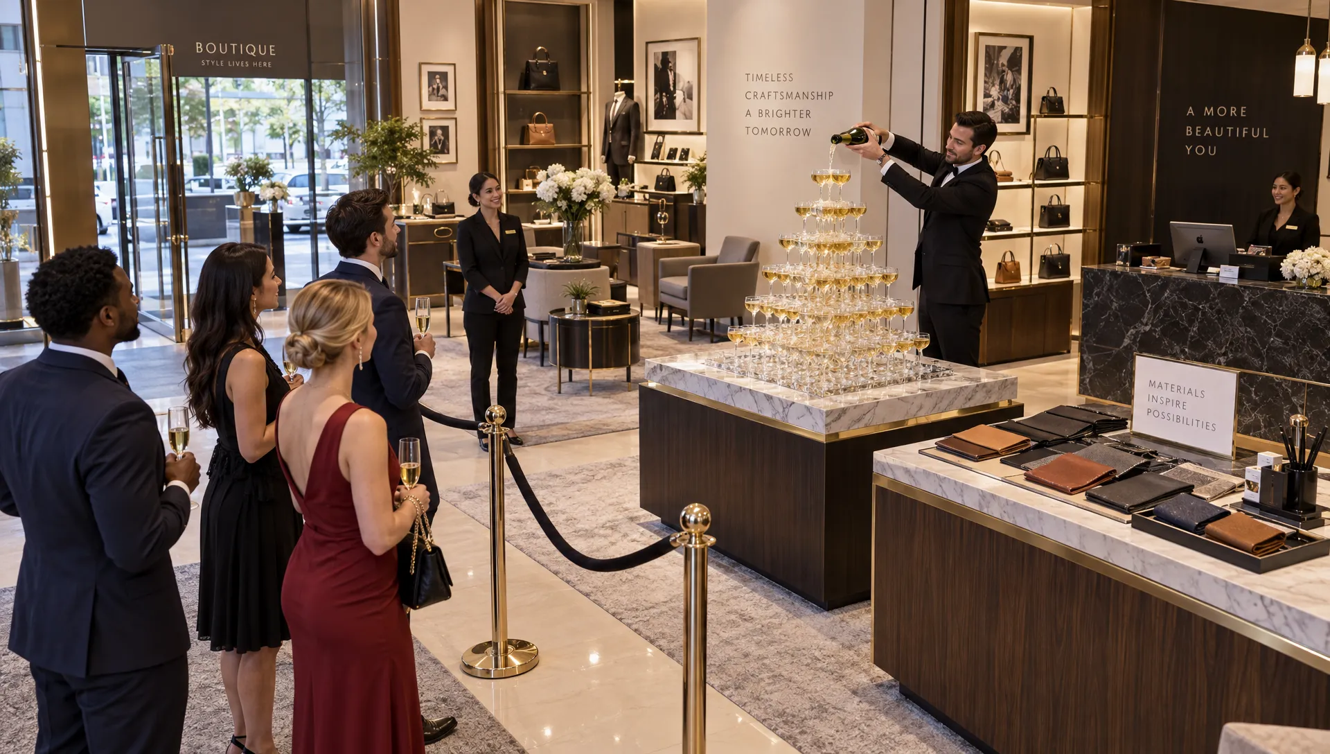 Guests watch a champagne glass pyramid beside a material discovery counter during a luxury boutique activation.