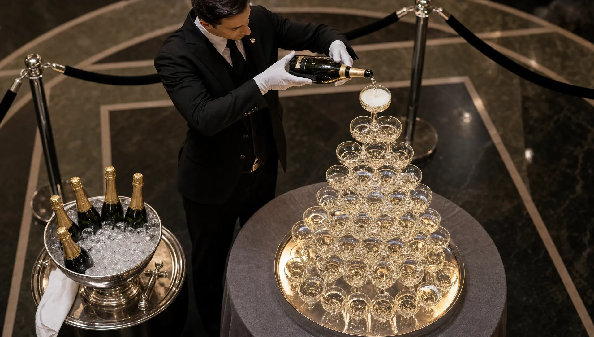 hands-pour-champagne-into-the-top-glass-of-a-tall–88b0db57-1790635559075 Hands pour champagne into the top glass of a tall pyramid during a ceremony.
