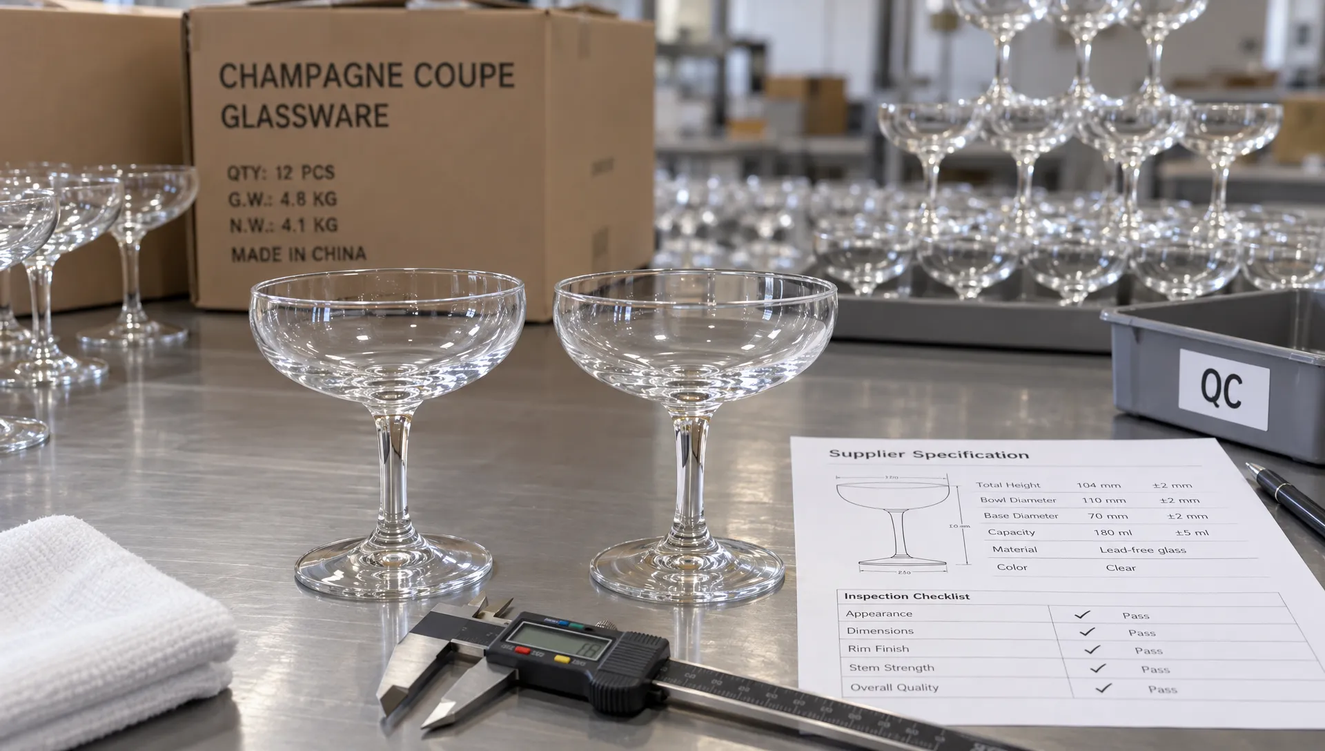 Matching coupe glasses with broad shallow bowls and stemmed bases sit beside a caliper and supplier specification sheet during a champagne tower glassware inspection.