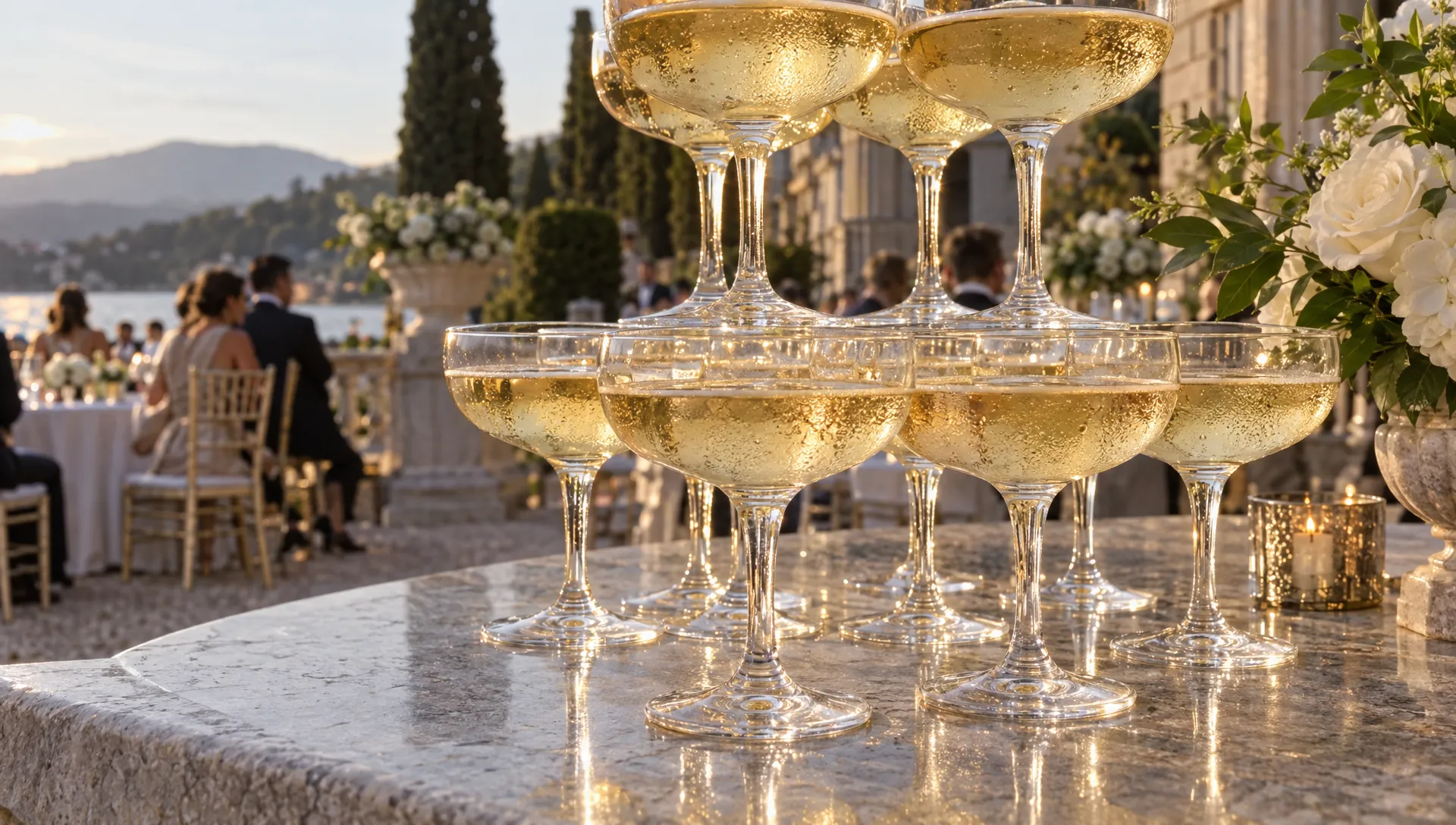 The aligned lower tiers of a champagne glass pyramid stand on a stone terrace, ready to anchor an elegant outdoor reception.