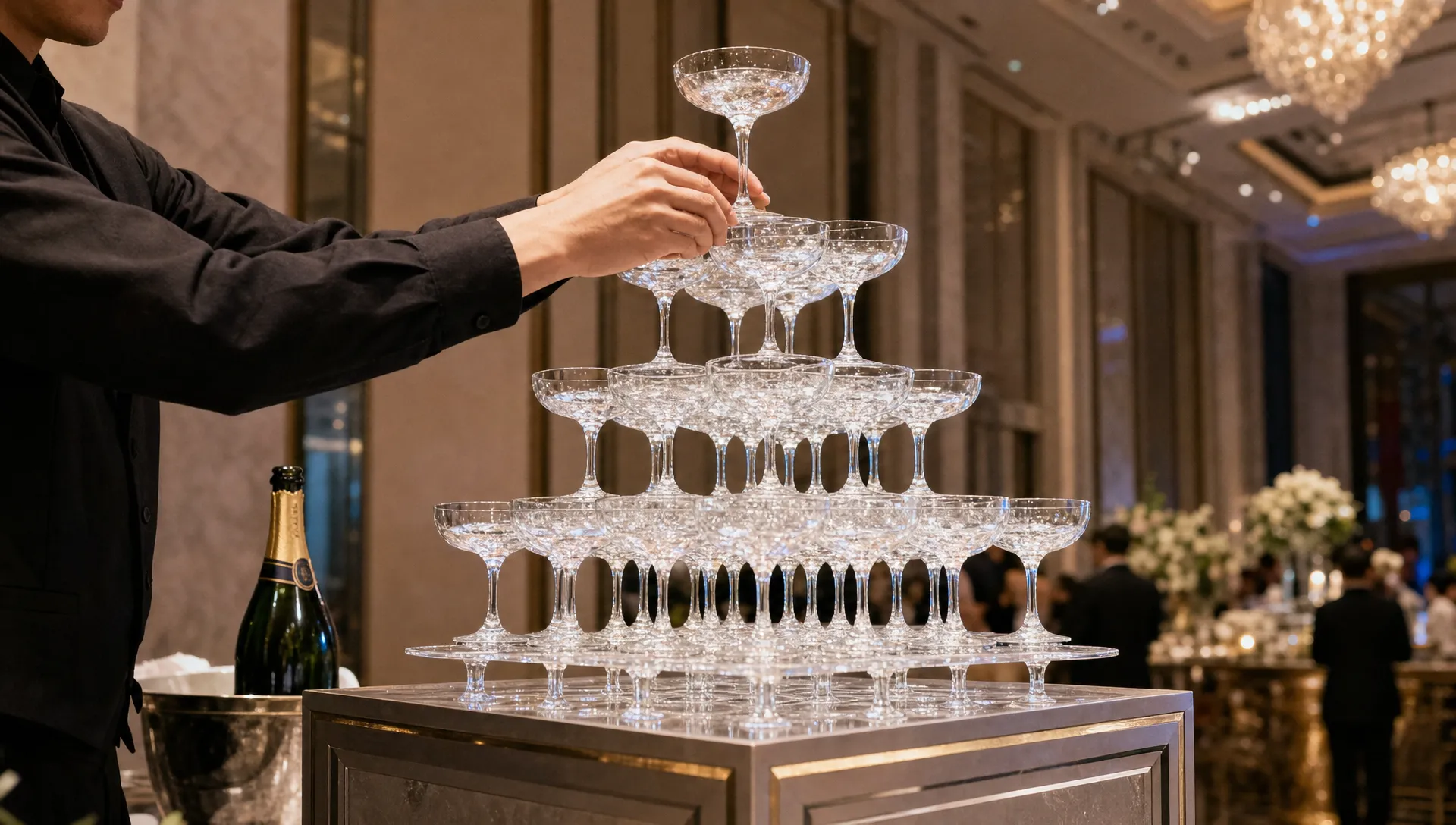 the-top-of-a-champagne-glass-pyramid-is-being-alig-6040a10a-1790848575074 The top of a champagne glass pyramid is being aligned by a specialist at a luxury event.