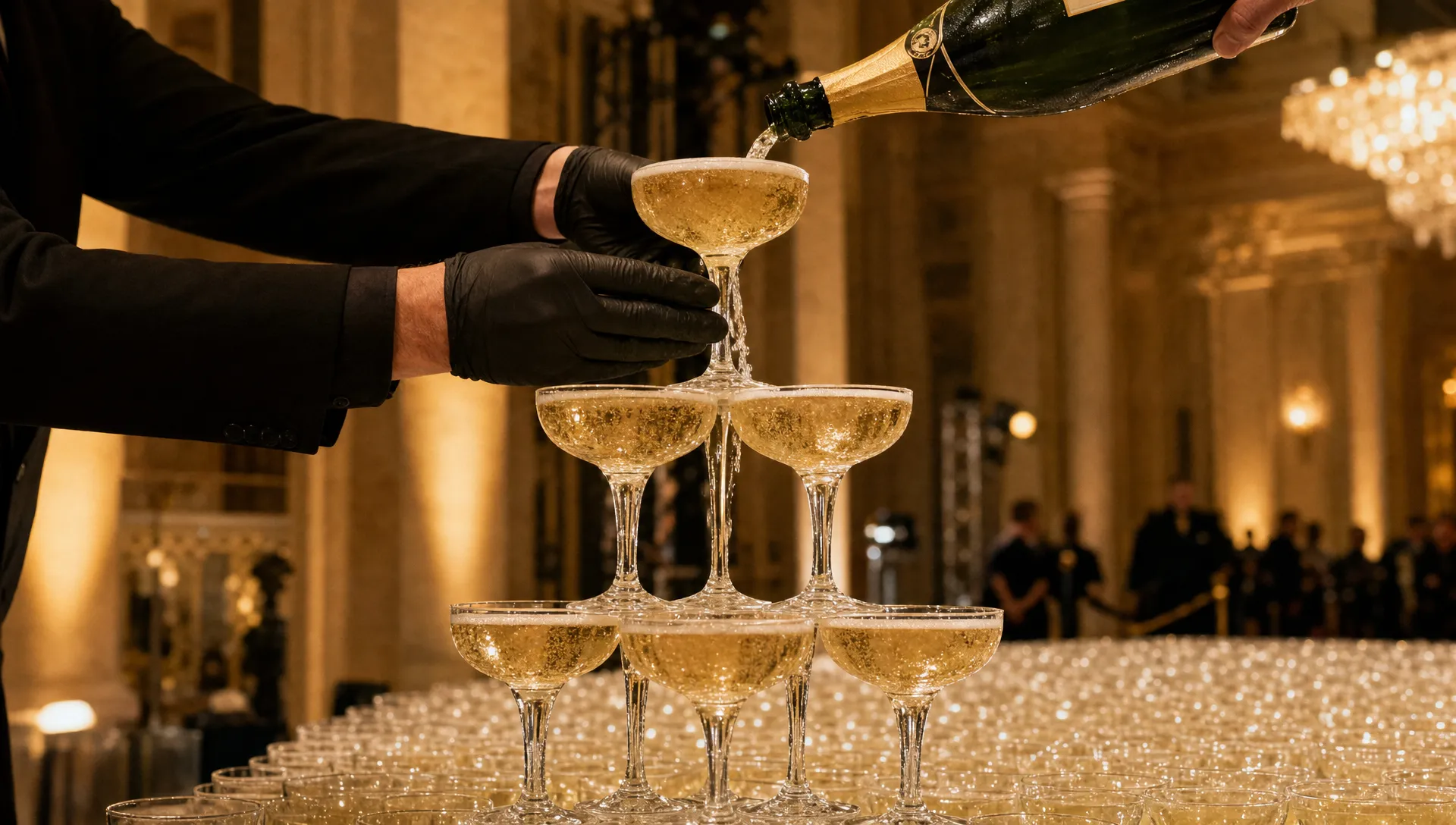 the-top-of-a-champagne-glass-pyramid-is-being-pour-5c28210f-1788564719908 The top of a champagne glass pyramid is being poured by a specialist during a luxury event.